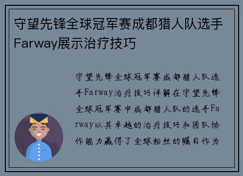 守望先锋全球冠军赛成都猎人队选手Farway展示治疗技巧
